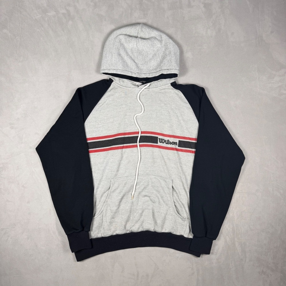 90s Mens Wilson Block Stripe Raglan Hoodie Sportswear Grey Black Large